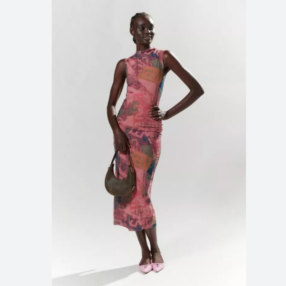 Urban Outfitters Pink Graphic Mesh Midi Dress  - Size Medium